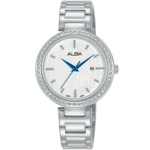 Ah7x45x1 alba watch women silver patterned dial stainless steel metal strap quartz movt japan analog diamond three hand fashion