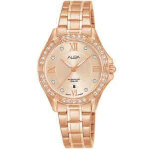 Ah7x76x1 alba watch women rose gold dial stainless steel metal strap quartz movt japan analog water resist 5bar diamond three hand fashion