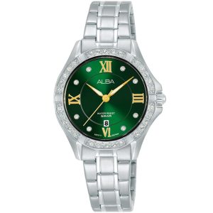 Ah7x83x1 alba watch women green dial stainless steel metal silver strap quartz movt japan analog water resist 5bar diamond three hand fashion