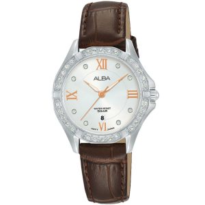 Ah7x89x1 alba watch women silver white dial leather brown strap quartz movt japan analog water resist 5bar diamond three hand fashion