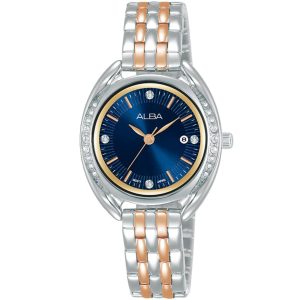 Ah7y83x1 alba watch women blue dial stainless steel metal silver rose gold two tone strap quartz movt japan analog diamond three hand fashion