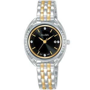 Ah7y85x1 alba watch women black dial stainless steel metal silver gold two tone strap quartz movt japan analog diamond three hand fashion
