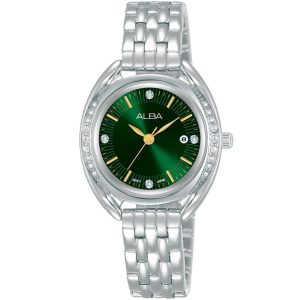 Ah7y89x1 alba watch women green dial stainless steel metal silver strap quartz movt japan analog diamond three hand fashion