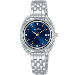 Ah7y91x1 alba watch women blue dial stainless steel metal silver strap quartz movt japan analog diamond three hand fashion