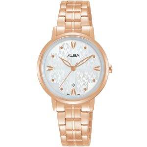 Ah7y94x1 alba watch women silver patterned dial stainless steel metal rose gold strap quartz movt japan analog three hand fashion