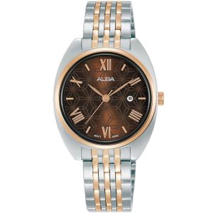 Ah7z12x1 alba watch women brown patterned dial stainless steel metal silver rose gold two tone strap quartz movt japan analog three hand fashion