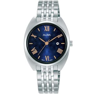 Ah7z19x1 alba watch women blue patterned dial stainless steel metal silver strap quartz movt japan analog three hand fashion