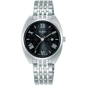 Ah7z21x1 alba watch women black patterned dial stainless steel metal silver strap quartz movt japan analog three hand fashion