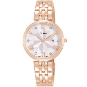 Ah7z74x1 alba watch women pink mother of pearl patterned dial stainless steel metal rose gold strap quartz movt japan analog three hand fashion