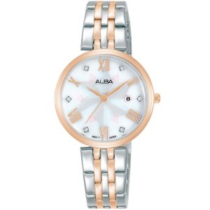 Ah7z78x1 alba watch women white mother of pearl patterned dial stainless steel metal silver rose gold two tone strap quartz movt japan analog three hand fashion
