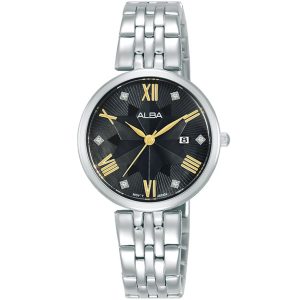Ah7z83x1 alba watch women black mother of pearl patterned dial stainless steel metal silver strap quartz movt japan analog three hand fashion