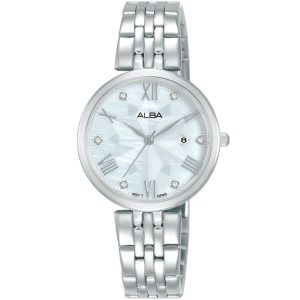 Ah7z85x1 alba watch women white mother of pearl patterned dial stainless steel metal silver strap quartz movt japan analog three hand fashion
