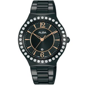 Ah7z87x1 alba watch women black dial stainless steel metal strap quartz movt japan analog diamond three hand fashion