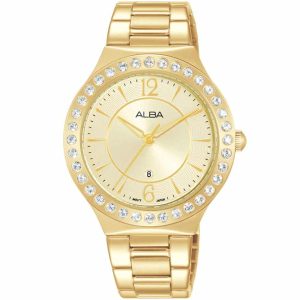 Ah7z90x1 alba watch women gold dial stainless steel metal golden strap quartz movt japan analog diamond three hand fashion