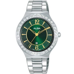 Ah7z91x1 alba watch women green dial stainless steel metal silver strap quartz movt japan analog diamond three hand fashion