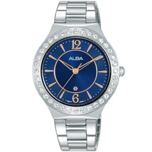Ah7z93x1 alba watch women blue dial stainless steel metal silver strap quartz movt japan analog diamond three hand fashion