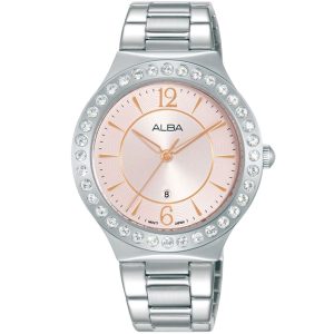 Ah7z95x1 alba watch women pink dial stainless steel metal silver strap quartz movt japan analog diamond three hand fashion