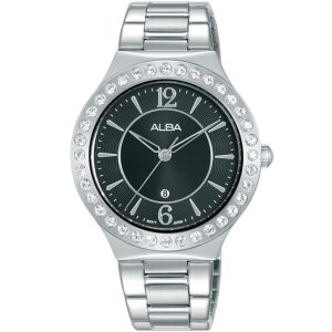 Ah7z97x1 alba watch women black dial stainless steel metal silver strap quartz movt japan analog diamond three hand fashion