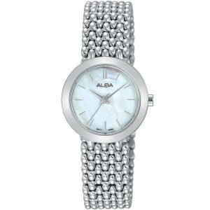 Ah8293x1 alba watch women white mother of pearl dial stainless steel metal silver strap quartz movt japan analog three hand fashion