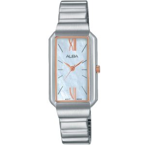 Ah8307x1 alba watch women white mother of pearl dial stainless steel metal silver strap quartz movt japan analog square three hand fashion