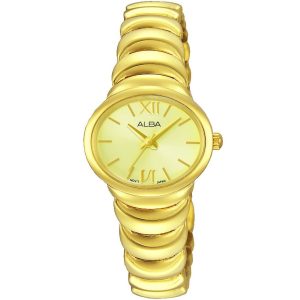 Ah8318x1 alba watch women gold dial stainless steel metal golden strap quartz movt japan analog three hand fashion