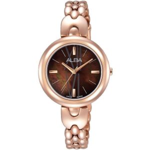 Ah8326x1 alba watch women brown mother of pearl dial stainless steel metal rose gold strap quartz movt japan analog three hand fashion
