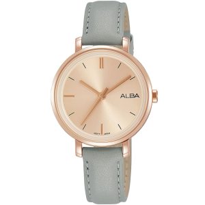 Ah8376x1 alba watch women pink dial leather gray strap quartz movt japan analog three hand fashion