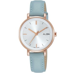 Ah8378x1 alba watch women silver white dial leather blue strap quartz movt japan analog three hand fashion