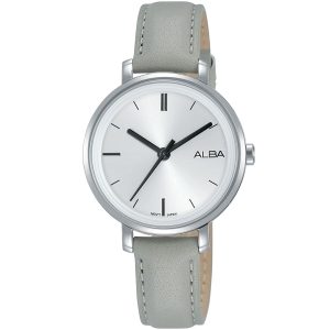 Ah8381x1 alba watch women silver white dial leather gray strap quartz movt japan analog three hand fashion
