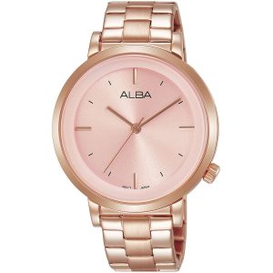 Ah8382x1 alba watch women pink dial stainless steel metal rose gold strap quartz movt japan analog three hand fashion