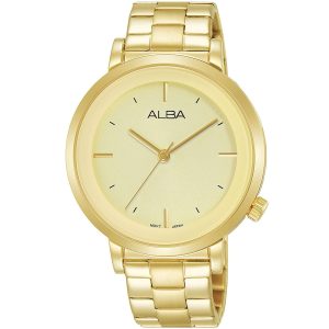 Ah8384x1 alba watch women gold dial stainless steel metal golden strap quartz movt japan analog three hand fashion