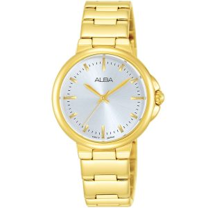 Ah8424x1 alba watch women silver white dial stainless steel metal gold strap quartz movt japan analog three hand fashion
