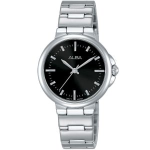 Ah8425x1 alba watch women black dial stainless steel metal silver strap quartz movt japan analog three hand fashion