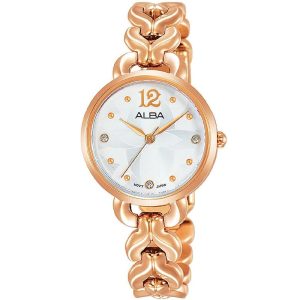 Ah8432x1 alba watch women silver patterned dial stainless steel metal rose gold strap quartz movt japan analog three hand fashion