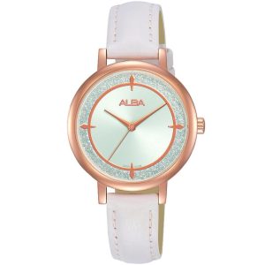 Ah8534x1 alba watch women silver white dial leather pink strap quartz movt japan analog three hand fashion