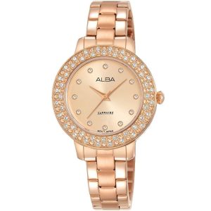 Ah8572x1 alba watch women rose gold dial stainless steel metal strap quartz movt japan analog sapphire diamond three hand fashion