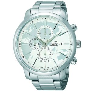 Am3085x1 alba watch men silver white dial stainless steel metal strap quartz movt japan analog water resist 5bar chronograph prestige