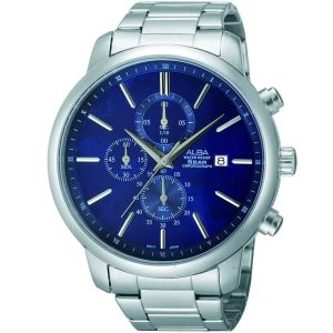 Am3087x1 alba watch men blue dial stainless steel metal silver strap quartz movt japan analog water resist 5bar chronograph prestige