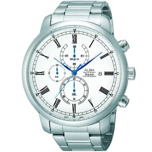 Am3091x1 alba watch men white dial stainless steel metal silver strap quartz movt japan analog water resist 5bar chronograph prestige