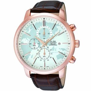 Am3092x1 alba watch men silver white dial leather brown strap quartz movt japan analog water resist 5bar chronograph prestige