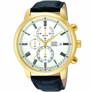 Am3094x1 alba watch men white dial leather black strap quartz movt japan analog water resist 5bar chronograph prestige