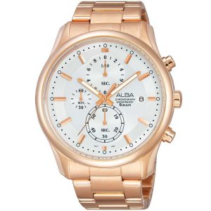 Am3144x1 alba watch men white dial stainless steel metal rose gold strap quartz movt japan analog chronograph water resist 5bar prestige