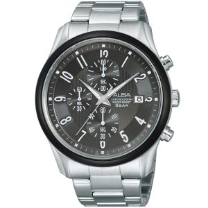 Am3145x1 alba watch men black dial stainless steel metal silver strap quartz movt japan analog chronograph water resist 5bar prestige