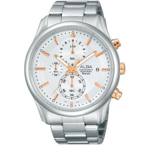 Am3147x1 alba watch men silver white dial stainless steel metal strap quartz movt japan analog chronograph water resist 5bar prestige