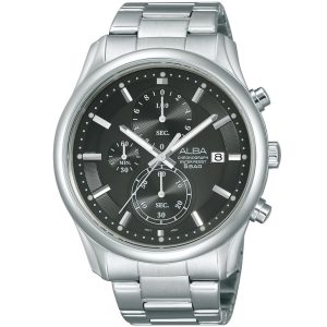 Am3149x1 alba watch men black dial stainless steel metal silver strap quartz movt japan analog chronograph water resist 5bar prestige