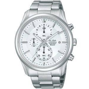 Am3151x1 alba watch men silver white dial stainless steel metal strap quartz movt japan analog chronograph water resist 5bar prestige