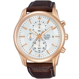 Am3154x1 alba watch men silver white dial leather brown strap quartz movt japan analog chronograph water resist 5bar prestige