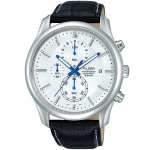 Am3155x1 alba watch men silver white dial leather black strap quartz movt japan analog chronograph water resist 5bar prestige