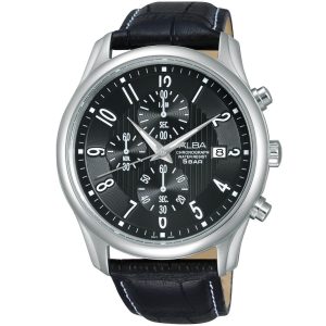 Am3157x1 alba watch men black dial leather strap quartz movt japan analog chronograph water resist 5bar prestige