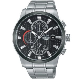 Am3167x1 alba watch men black patterned dial stainless steel metal silver strap quartz movt japan analog chronograph water resist 5bar prestige
